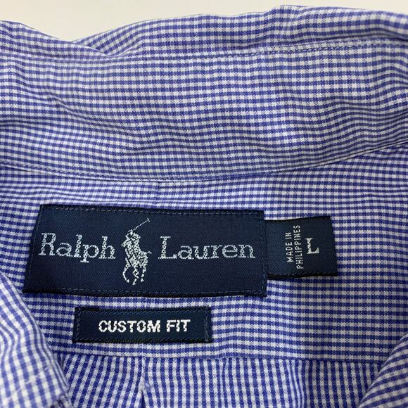 Ralph Lauren Shirt Mens L Large Blue White Custom Fit Button Down Gingham Cotton - Picture 4 of 9